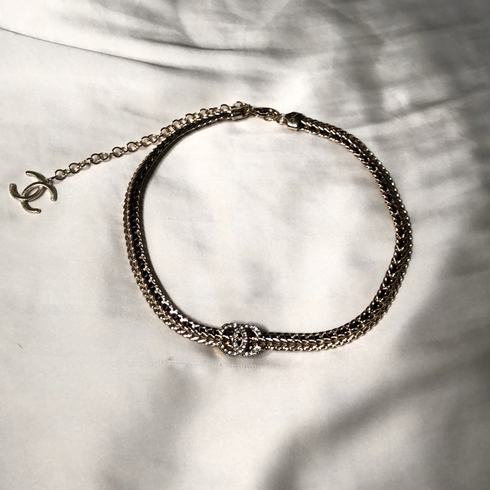 Chanel cc logo crystal necklace Lambskin braided leather black
